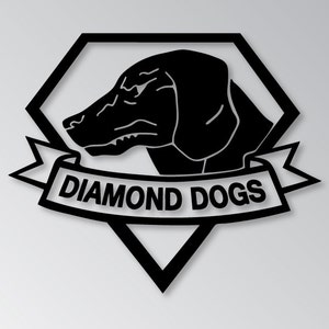 May include: Black and white logo of a diamond shape with a snarling dog's head inside. The text "DIAMOND DOGS" is written on a banner below the dog's head.