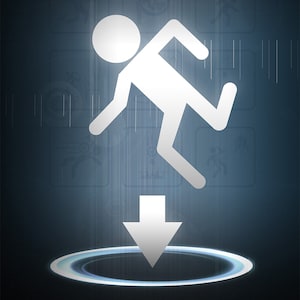 May include: A white stick figure falling through a portal, with a white arrow pointing down. The word "PORTAL" is at the bottom in white. The background is a gradient of blue and black.