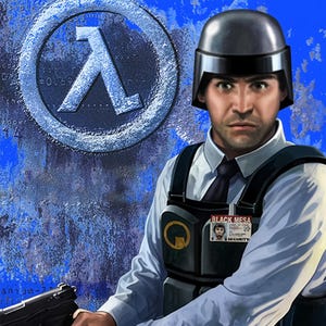 Puede incluir: Póster del videojuego "Half-Life: Blue Shift". La imagen presenta a un hombre con uniforme de seguridad sosteniendo un arma. El logotipo y el título del juego están en la parte superior, con una combinación de colores azul y blanco.