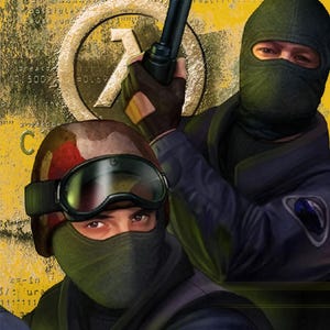 Puede incluir: Póster del videojuego "Half-Life: Counter-Strike". La imagen presenta dos figuras con equipo táctico, incluyendo pasamontañas y cascos, sosteniendo armas. El título del juego se muestra en la parte superior en texto blanco y naranja sobre un fondo negro.