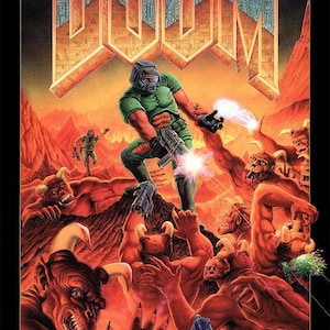 May include: A graphic illustration featuring the word DOOM in large metallic letters above a soldier in green armor firing a weapon at a group of red, horned, demonic creatures on a rocky landscape with the id Software logo at the bottom.