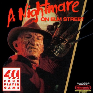 May include: A vintage video game box for "A Nightmare on Elm Street" features a menacing image of Freddy Krueger in a fedora. The title is in red, with the Nintendo Entertainment System logo and "4 Player Game" text.