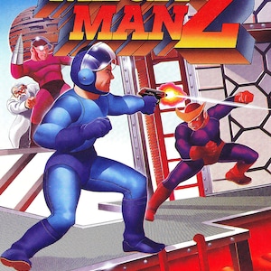 May include: A video game cover featuring a blue robot character with a helmet and a gun, standing on a platform with a red background. The title "MEGA MAN 2" is displayed in large, yellow letters.
