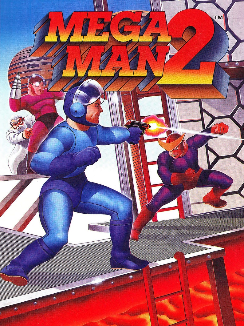 May include: A video game cover featuring a blue robot character with a helmet and a gun, standing on a platform with a red background. The title "MEGA MAN 2" is displayed in large, yellow letters.