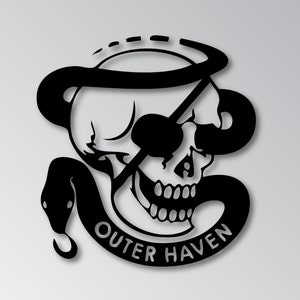 Puede incluir: Ilustración en blanco y negro de una calavera con un parche en el ojo y una serpiente envuelta a su alrededor. El texto "Outer Haven" está escrito debajo de la calavera.