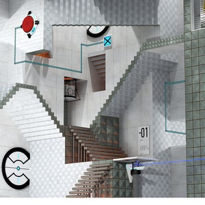 May include: A digital art piece featuring a futuristic, architectural environment with staircases, platforms, and geometric shapes. The image includes the word "PORTAL" in a blue and black font, along with various technological elements.
