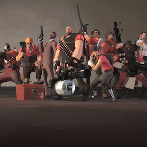 May include: A group of nine stylized characters from the video game Team Fortress 2, each with unique outfits and weapons. The characters are posed in a group, with a variety of weapons including a flamethrower, guns, and a minigun.