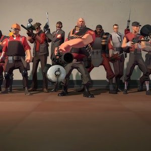 May include: A group of nine stylized characters, each with unique outfits and weapons, stand together. The characters are from a video game, with a variety of colors and designs. The characters are posed in a group, ready for action.