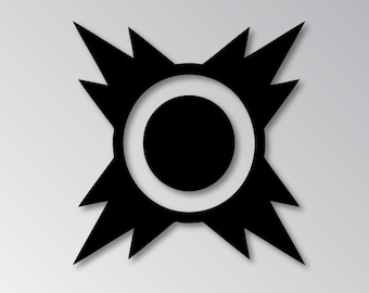 May include: Black and white abstract design with a circle in the center. The circle has a black center and a white ring around it. The design is surrounded by eight black points.
