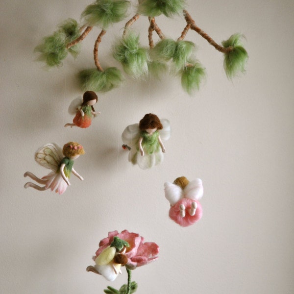 Children Mobile Spring Fairies /Room Decoration/ needle felted dolls: Flower  fairies. MADE TO ORDER