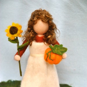 Waldorf inspired needle felted doll/Standing doll: Autumn fairy with sunflower,pumpkin and vegetables. Made to Order image 1