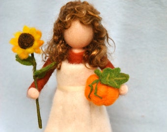Waldorf inspired needle felted doll/Standing doll: Autumn fairy with sunflower,pumpkin and vegetables.  Made to Order