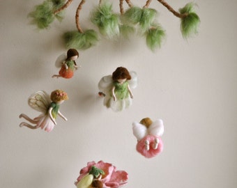 Children Mobile Spring Fairies /Room Decoration/ needle felted dolls: Flower  fairies. MADE TO ORDER