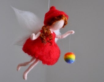 Small Rainbow Fairy  Needle Felted wall hanging    :  Red Fairy