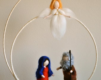 Christmas Wreath Waldorf inspired needle felted : Marie,Joseph  the baby and angel (made to order)