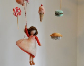 Pastry Children Mobile /Room Decoration/ needle felted doll and : Girl and pastries. MADE TO ORDER