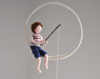 Fishing boy Waldorf inspired needle felted doll mobile: Boy with three  fishes