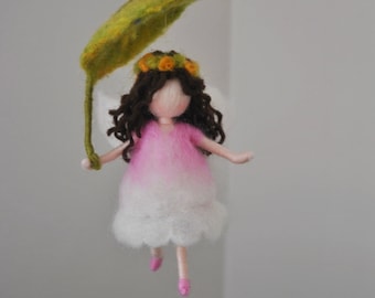 Small Spring Fairy  Needle Felted home ornament/ Easter decor   : Fairy with leaf