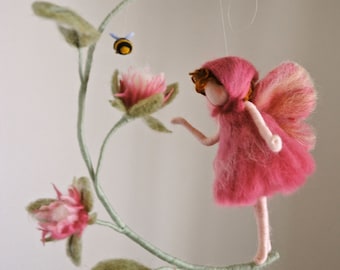 Flower Fairy Waldorf inspired needle felted doll:  Fairy with bee Made to order.