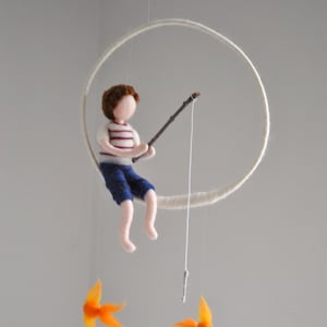 Fishing boy Waldorf inspired needle felted doll mobile: Boy with three fishes image 1