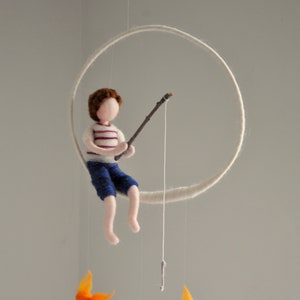 Fishing boy Waldorf inspired needle felted doll mobile: Boy with three fishes image 2