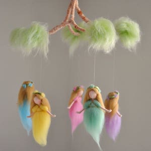 Nursery Mobile Waldorf inspired: Rainbow Colors Wool Fairies in a branch