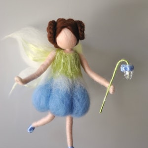 Blue Flower Fairy Room  Decor Needle Felted wool doll  Girl Gift : blue flower fairy with crystal