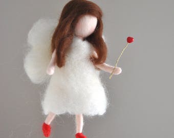 Small fairy in white needle felted doll : Fairy with  heart wand