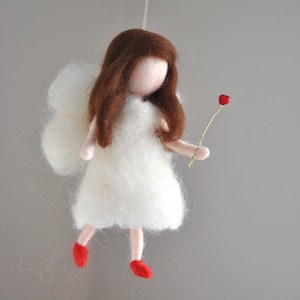 Small fairy in white needle felted doll : Fairy with  heart wand