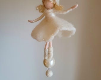 Needle Felted Fairy Doll: Wool Ornament on Pearl, Waldorf Inspired