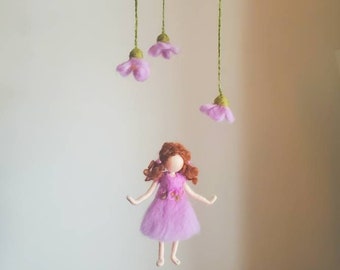 Waldorf inspired needle felted doll mobile: lilac spring fairy with flowers