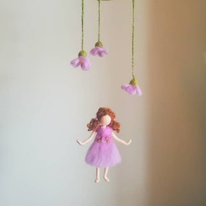 Waldorf inspired needle felted doll mobile: lilac spring fairy with flowers
