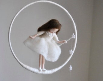 Wool doll Nursery Mobile / Wall Hanging Waldorf inspired : White fairy  with stars and crystal drop.MADE TO ORDER