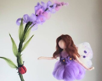 Lavender Flower Fairy Waldorf inspired: Wool fairy with ladybug. MADE TO ORDER