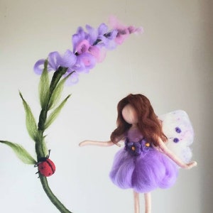 Lavender Flower Fairy Waldorf inspired: Wool fairy with ladybug. MADE TO ORDER