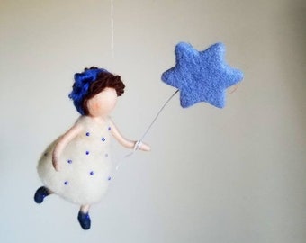 Blue Little Fairy  Needle Felted wall hanging ornament   : Star Fairy Decor Mobile