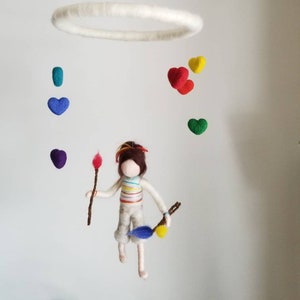 Room decor Wool mobile  Needle felted : brunette girl painting