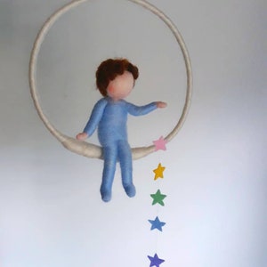 Baby with stars Waldorf inspired needle felted room decoration: Boy and rainbow stars