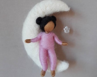 Room decor Small Wool Mobile  Needle Felted  doll : Baby Girl on the moon with star