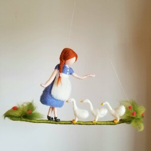 Room decoration Wool mobile  Needle felted : Girl with gooses