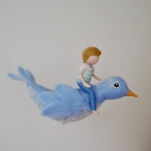 Bird mobile /wool decoration /needle felt wall hanging: The boy and the blue bird. Made to order.