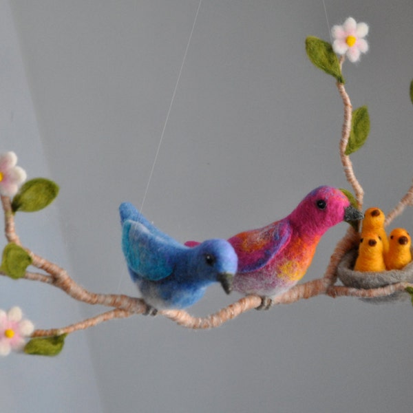 Children room decoration  needle felted mobile: Birds and nest in a branch with flowers.Made to Order.