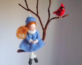 Winter Mobile Waldorf inspired needle felted wall hanging :  Girl with red bird