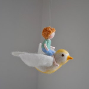 Bird mobile /wool decoration /WaldorfiInspired wall hanging: Boy and the white bird