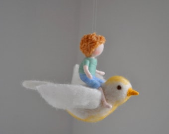 Bird mobile /wool decoration /WaldorfiInspired wall hanging: Boy and the white bird