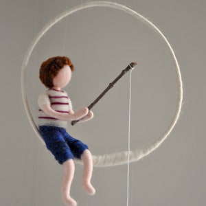 Fishing boy Waldorf inspired needle felted doll mobile: Boy with three fishes image 3