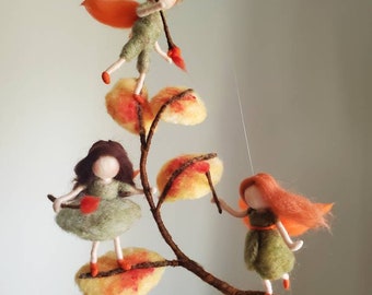 Autumn Mobile Waldorf inspired needle felted wall hanging :  Painting the leaves. Made to order.