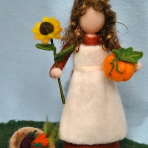 Waldorf inspired needle felted doll/Standing doll: Autumn fairy with sunflower,pumpkin and vegetables. Made to Order image 4