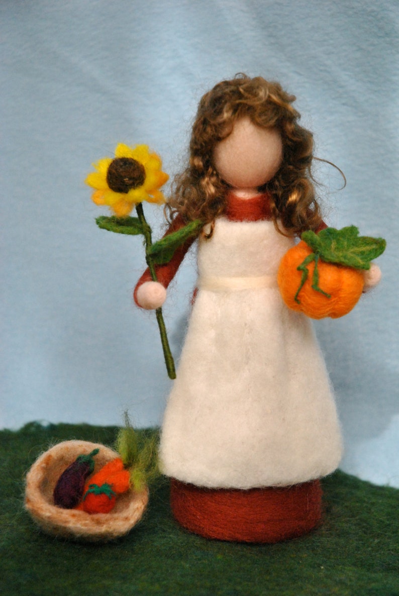 Waldorf inspired needle felted doll/Standing doll: Autumn fairy with sunflower,pumpkin and vegetables. Made to Order image 4