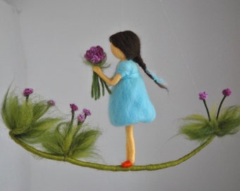 Room decor Wool mobile  Needle felted : Girl with Purple Flowers